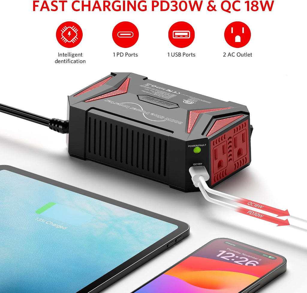300W Pure Sine Wave Power Inverter - DC 12V to 110V AC Car Converter Plug Adapter Outlet with PD30W USB-C Fast
