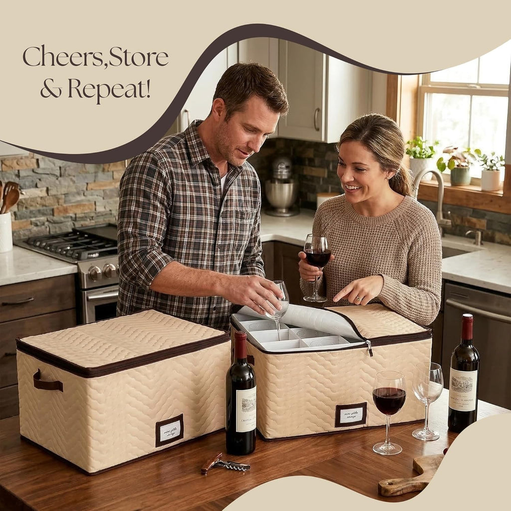 Wine Glass Storage Box with Dividers, Holds 12 Glasses up to 4.25" Wide