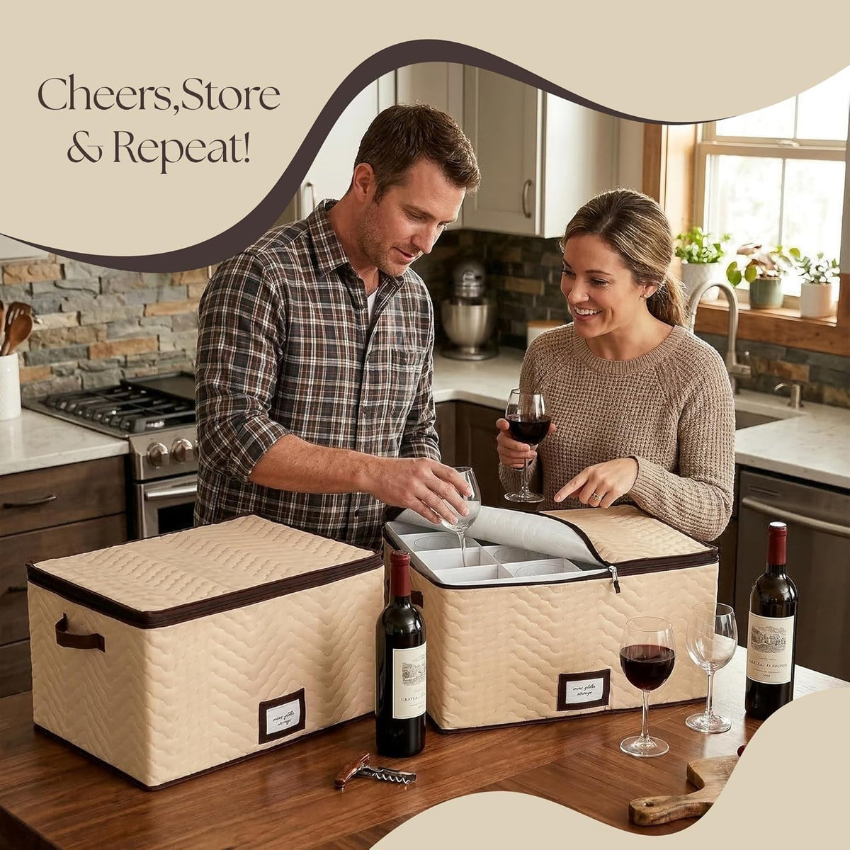 Wine Glass Storage Box with Dividers, Holds 12 Glasses up to 4.25" Wide