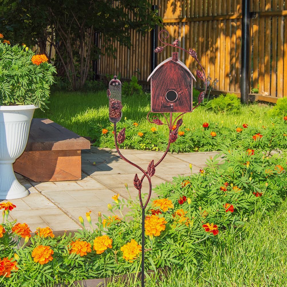 49" Bird Houses for Outside with Pole, Outdoor Metal Birdhouse with Mesh Feeder for Patio, Yard, Garden(Antique Bronze)