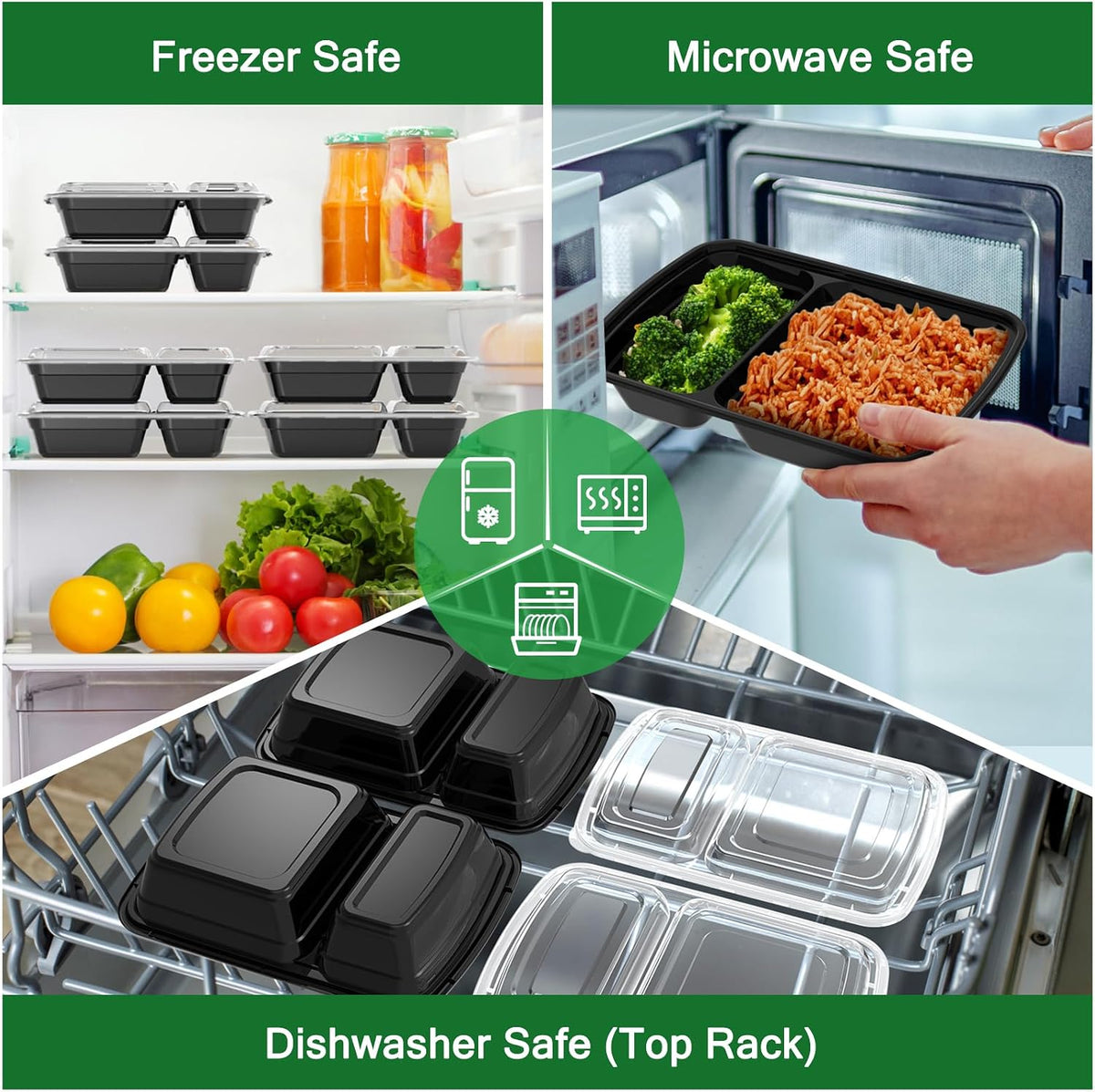 50 Pack 28 oz Meal Prep Containers with Lids 2-Compartment, Black