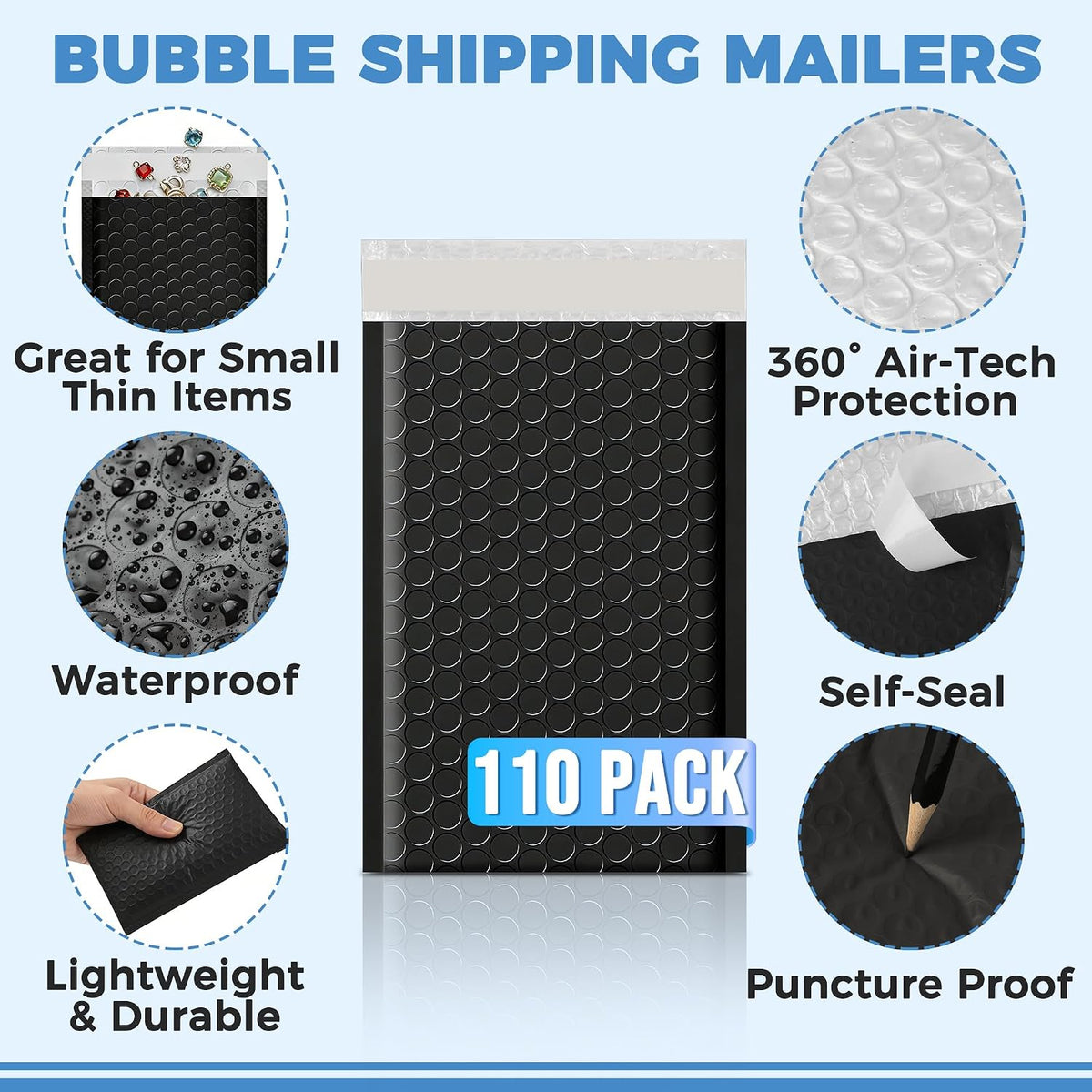 110-Pack Bubble Mailer 4'' x 8'' - Self-Sealing Waterproof Small Mailing Envelopes Padded Lightweight Shipping Bags