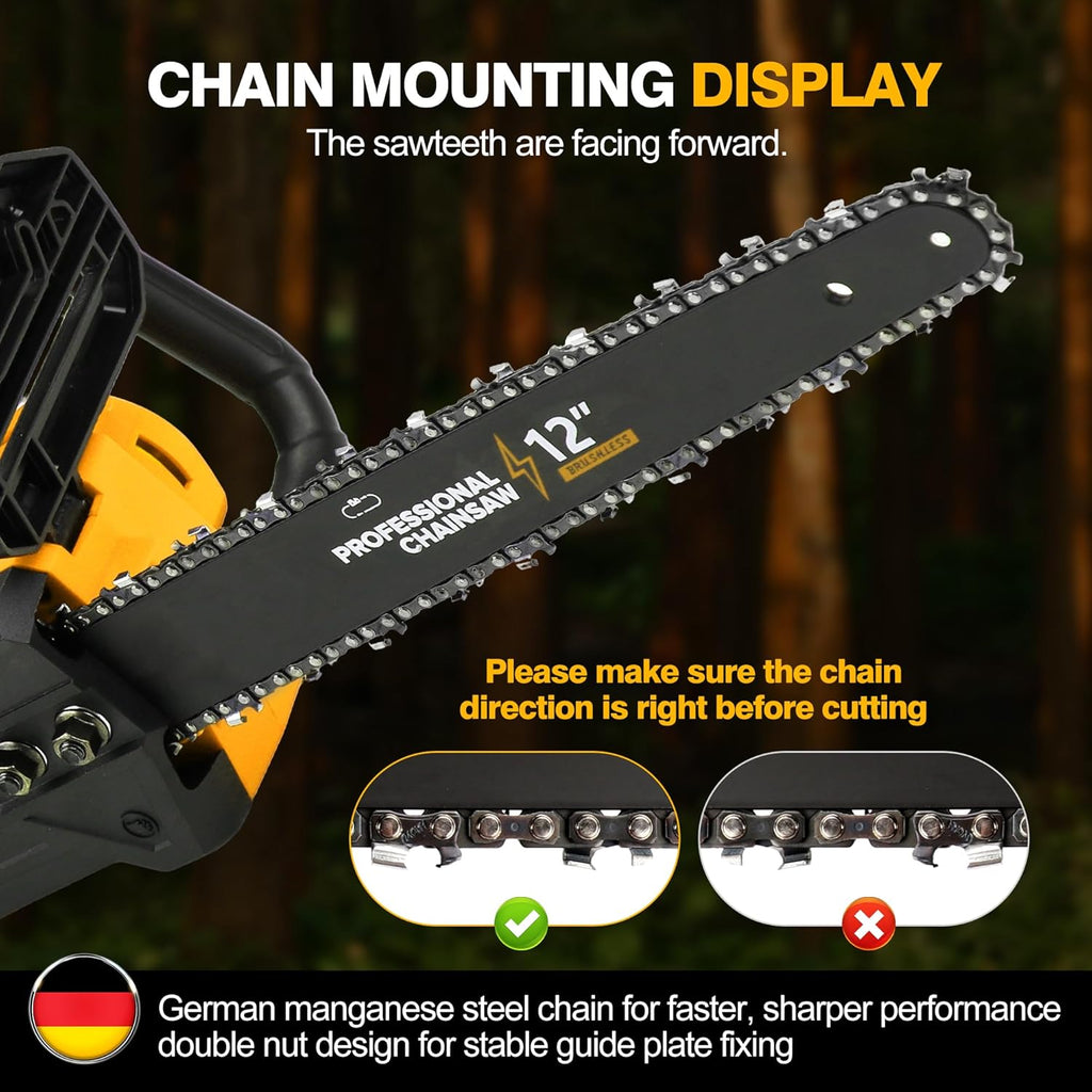 Brushless Electric Chainsaw 12" Cordless Tool Only for Dewalt 20V/60V Battery with Auto Oiler & Security Lock, for