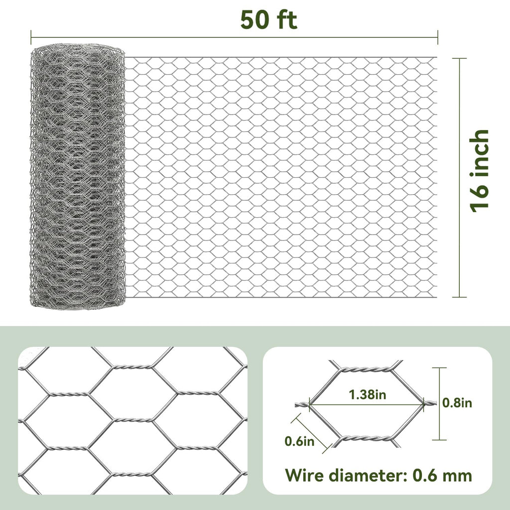 Amagabeli Chicken Wire Fencing 16in x 50ft Garden Netting Poultry Wire Hexagonal Galvanized Mesh Roll Fence Barrier