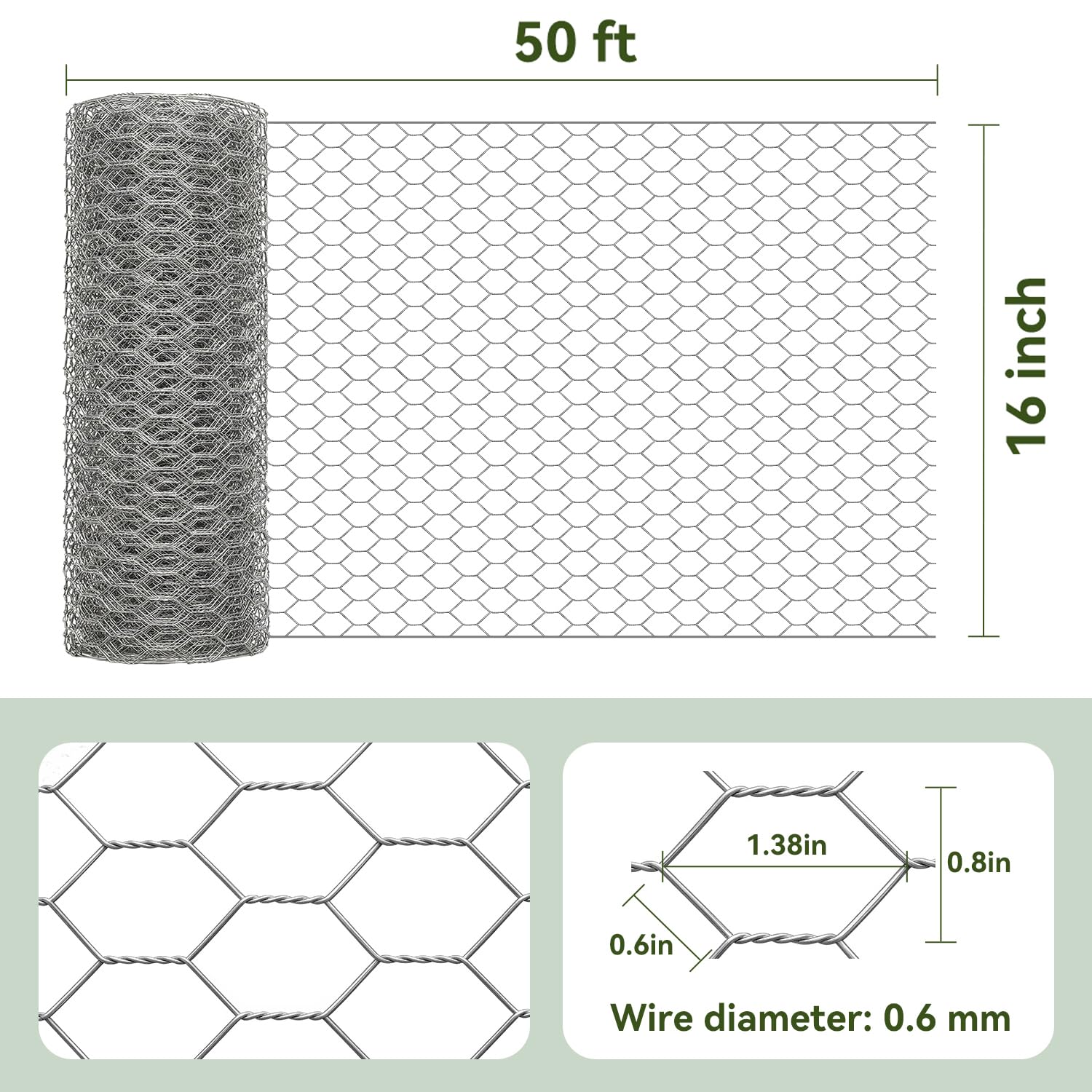 Amagabeli Chicken Wire Fencing 16in x 50ft Garden Netting Poultry Wire Hexagonal Galvanized Mesh Roll Fence Barrier