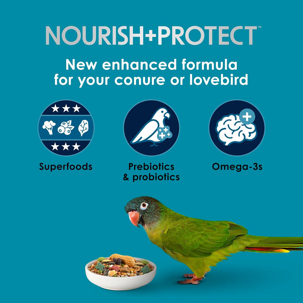 Forti-Diet Pro Health Nourish+Protect Conure & Lovebird Food, 4 lb | Balanced digestion. Conure food with prebiotics