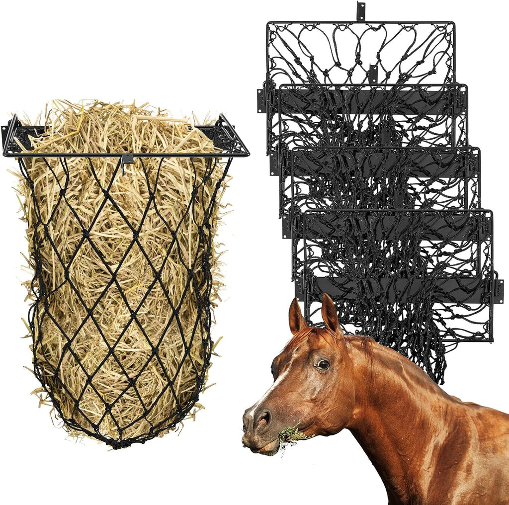 4 Set Wall Mount Hay Feeder for Horse Goats Hay Rack with Net, Black