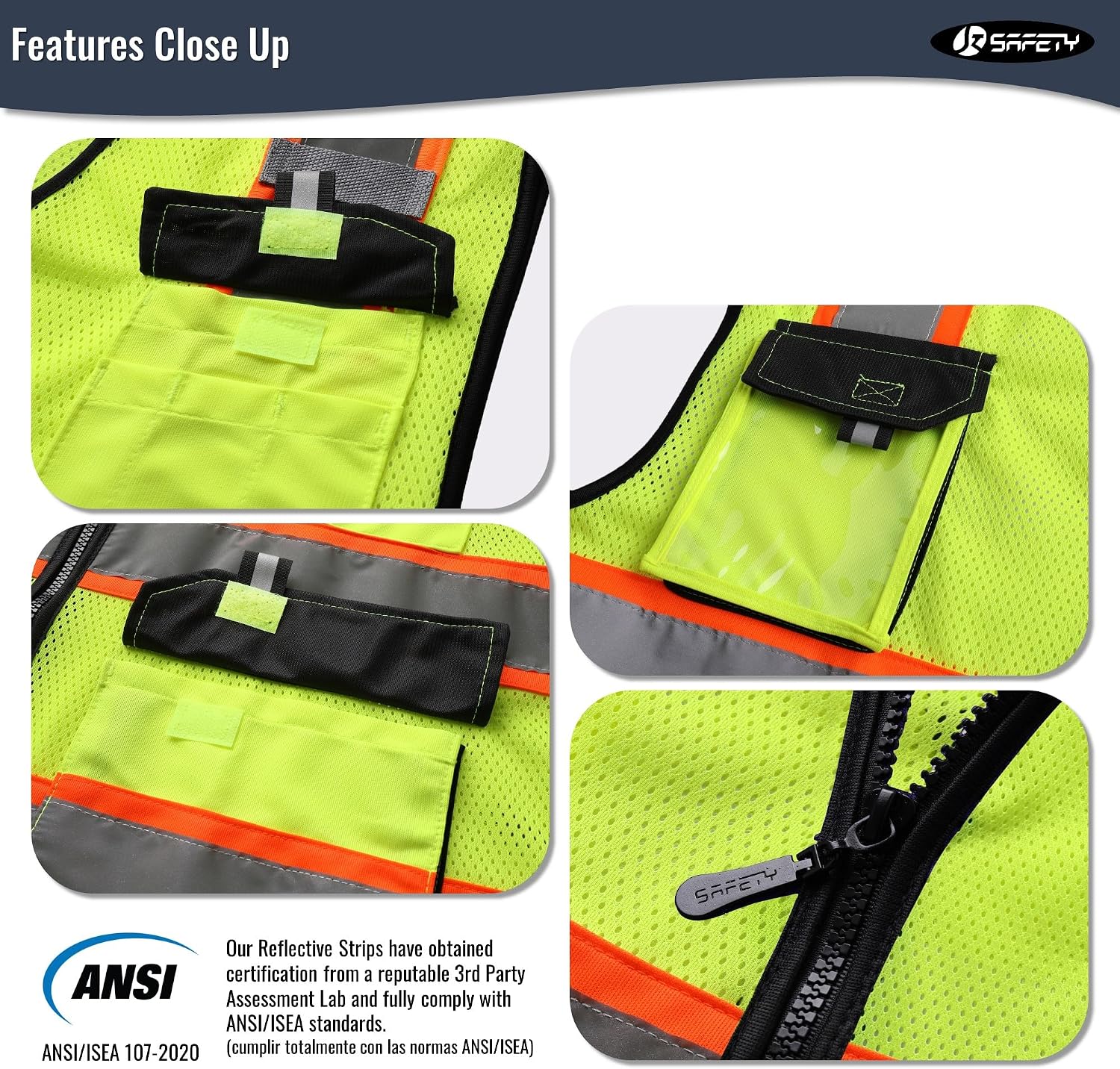 Safety Vest for Men Women Hi Vis Reflective Vest JK220 Yellow M | ANSI Class 2, 5 utility Pockets 4 Reflective Strips