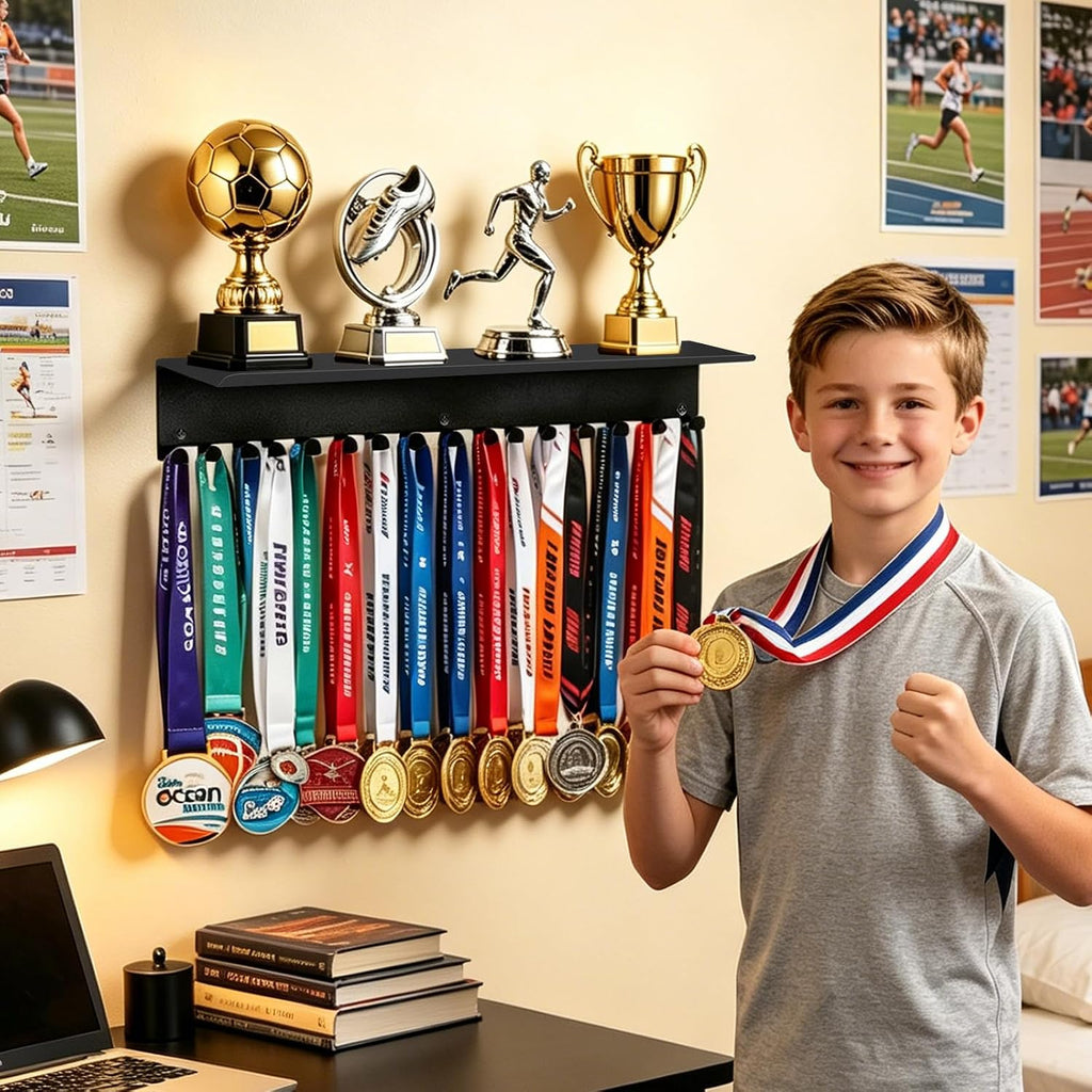 Medal Hanger Display with Shelf, Trophy and Medal Display Shelf, Sports Medal Plaques Hanger Display for Running