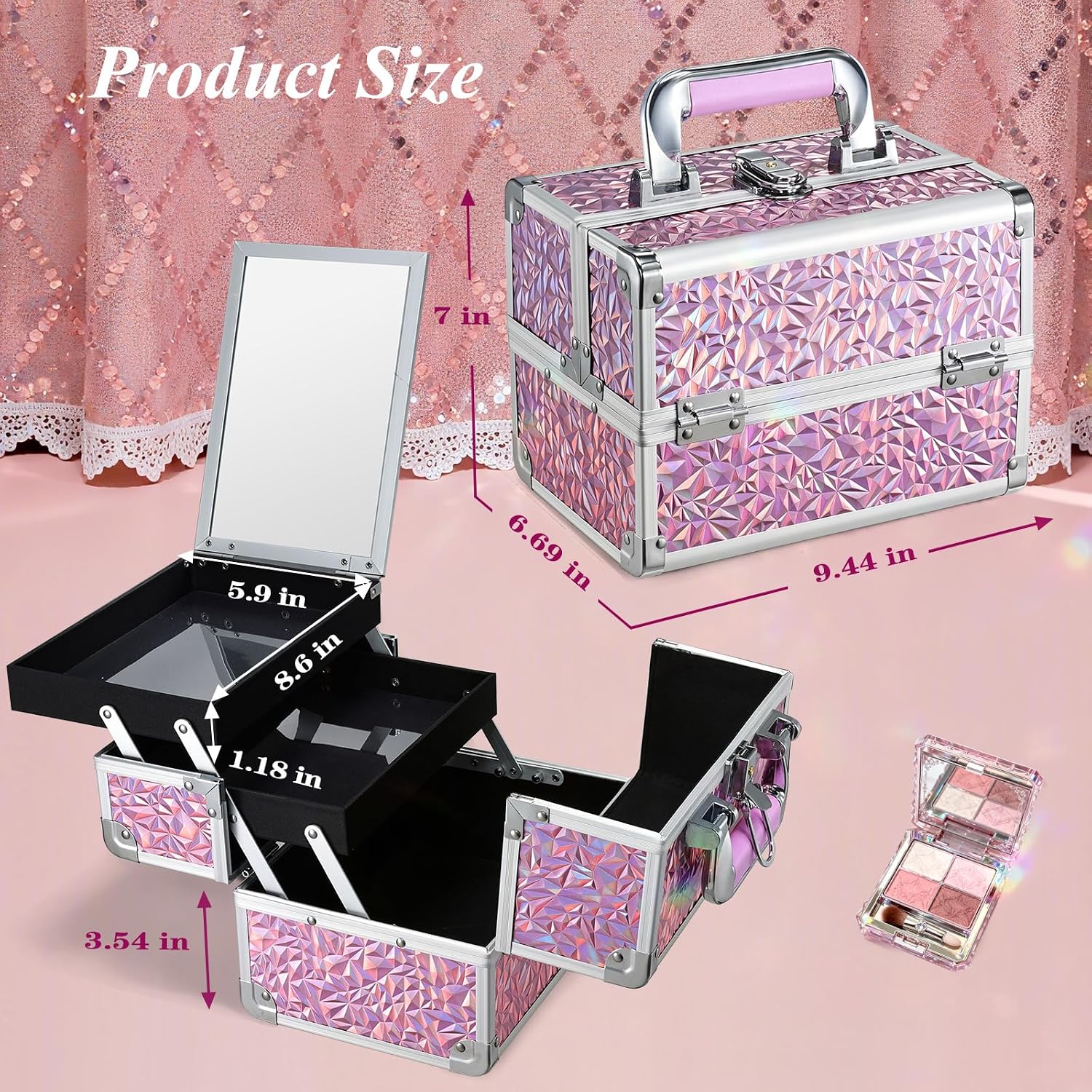 Makeup Case Organizer Cosmetic Box Storage Portable Makeup Train Case with Mirror 2 Trays Travel Vanity Box for