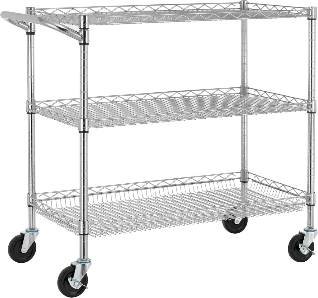 3 Tier Heavy Duty Commercial Grade Utility Cart, Wire Rolling Cart with Pushing Handle Bar, Steel Metal Kitchen