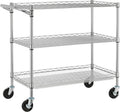 3 Tier Heavy Duty Commercial Grade Utility Cart, Wire Rolling Cart with Pushing Handle Bar, Steel Metal Kitchen