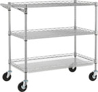 3 Tier Heavy Duty Commercial Grade Utility Cart, Wire Rolling Cart with Pushing Handle Bar, Steel Metal Kitchen