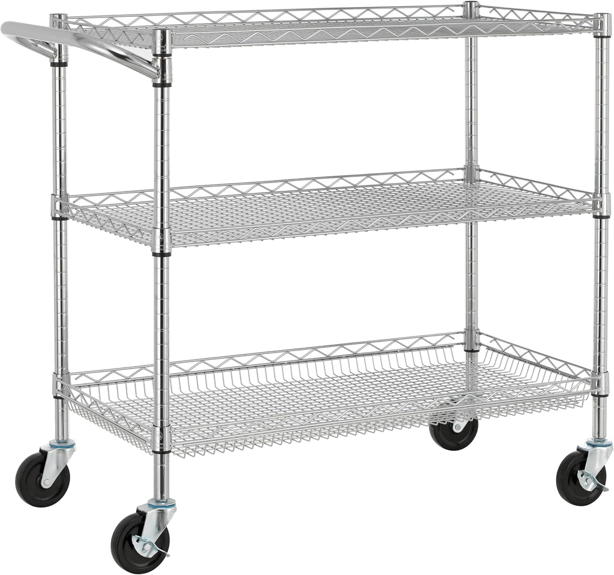3 Tier Heavy Duty Commercial Grade Utility Cart, Wire Rolling Cart with Pushing Handle Bar, Steel Metal Kitchen