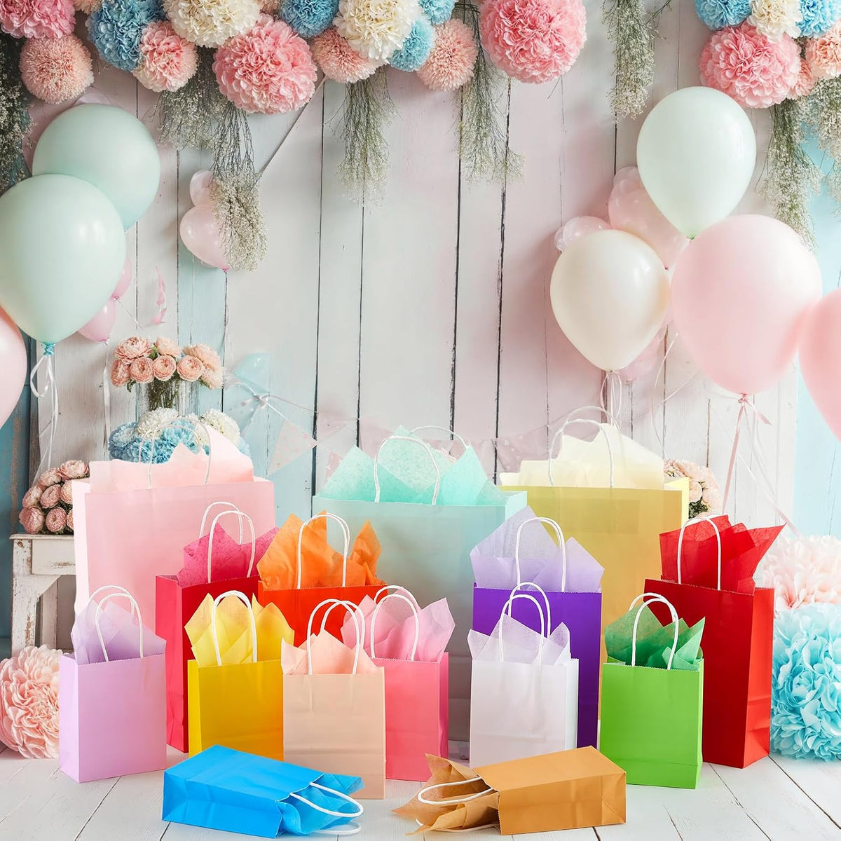 208 Pcs Gift Bags Bulk Assorted Sizes with Handles, 48 Pack 3 Sizes (Small 6", Medium 9", Large 13") with 160 Tissue