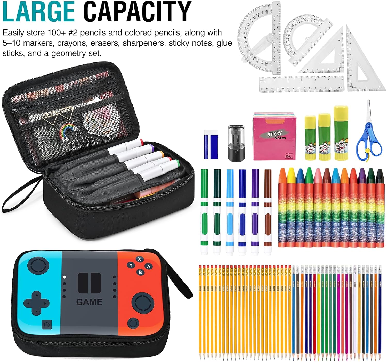 Large Pencil Box for Boys - Gamer Pencil Case Pouch with Zipper Compartment, Durable Wipable Fabric, Easy to Clean