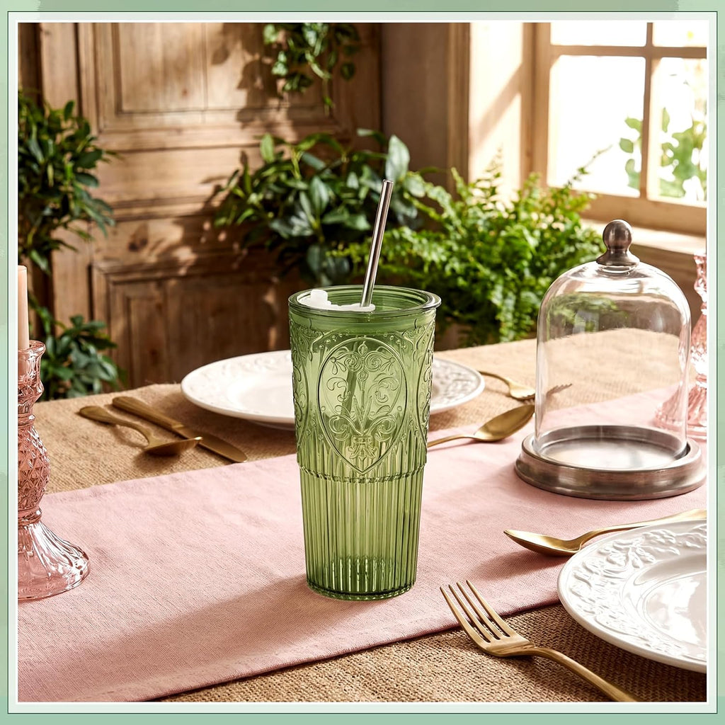8 Set 20oz Vintage Plastic Tumbler with Lids and Straws Ribbed Floral Drinking Glasses Reusable Iced Coffee Cups for