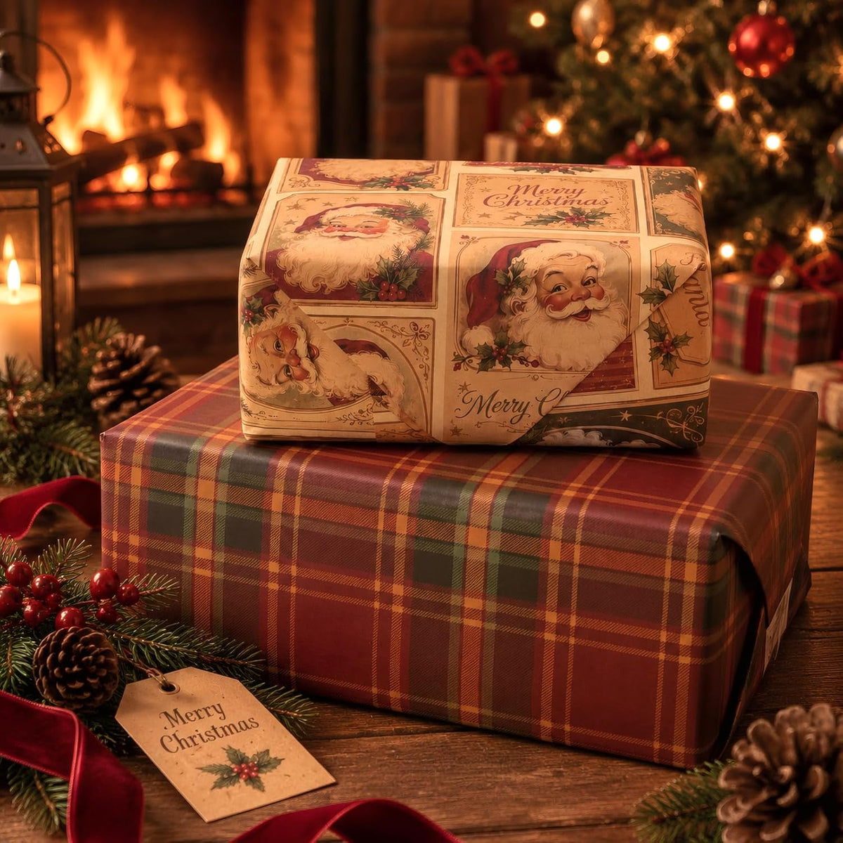 Vintage Santa Christmas Wrapping Paper Rolls,Brown Gift Wrap