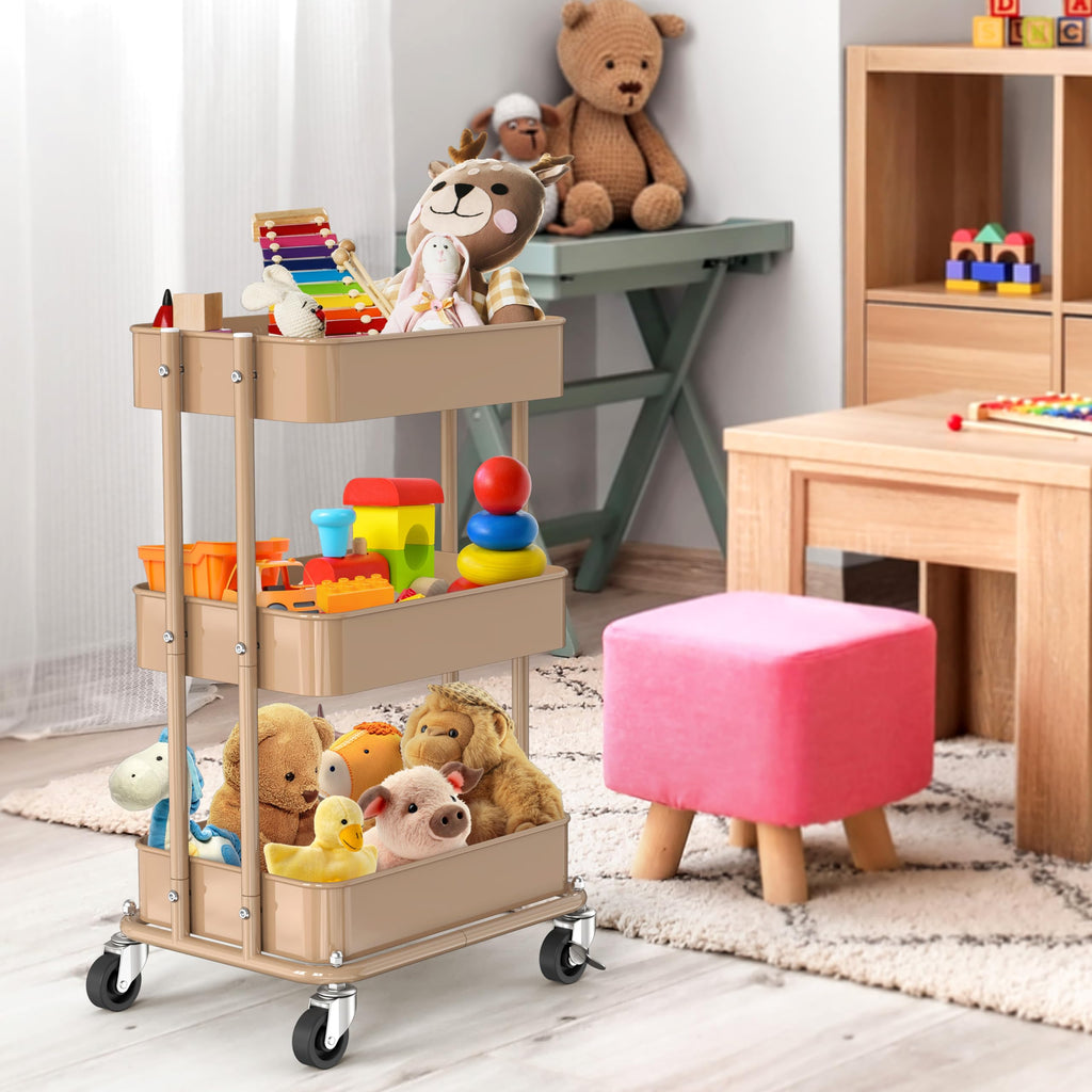 3-Tier Utility Cart, Low 24" Height Fits Under Desk, Khaki