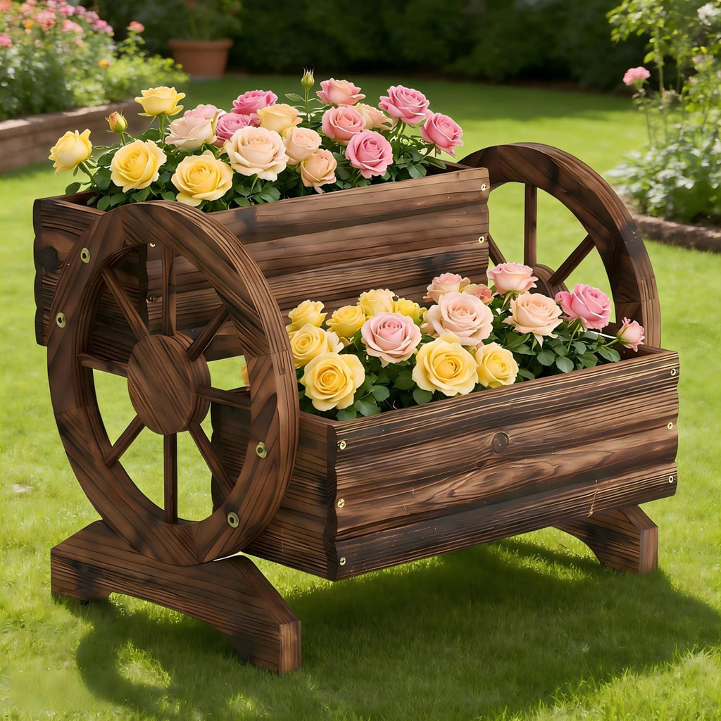 Wooden Wagon Planter Cute Garden Flower Pots Cart with wheels, Outdoor Decoration decor Indoor, Drainage hole, Garden