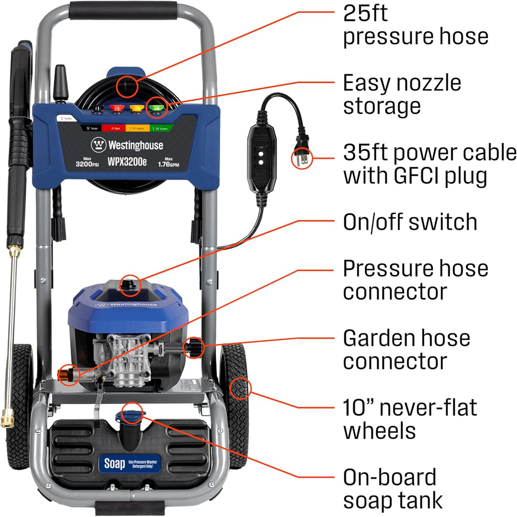 WPX3200e Electric Pressure Washer, 3200 Max PSI and 1.76 Max GPM, Universal Motor, Onboard Soap Tank, Spray Gun and