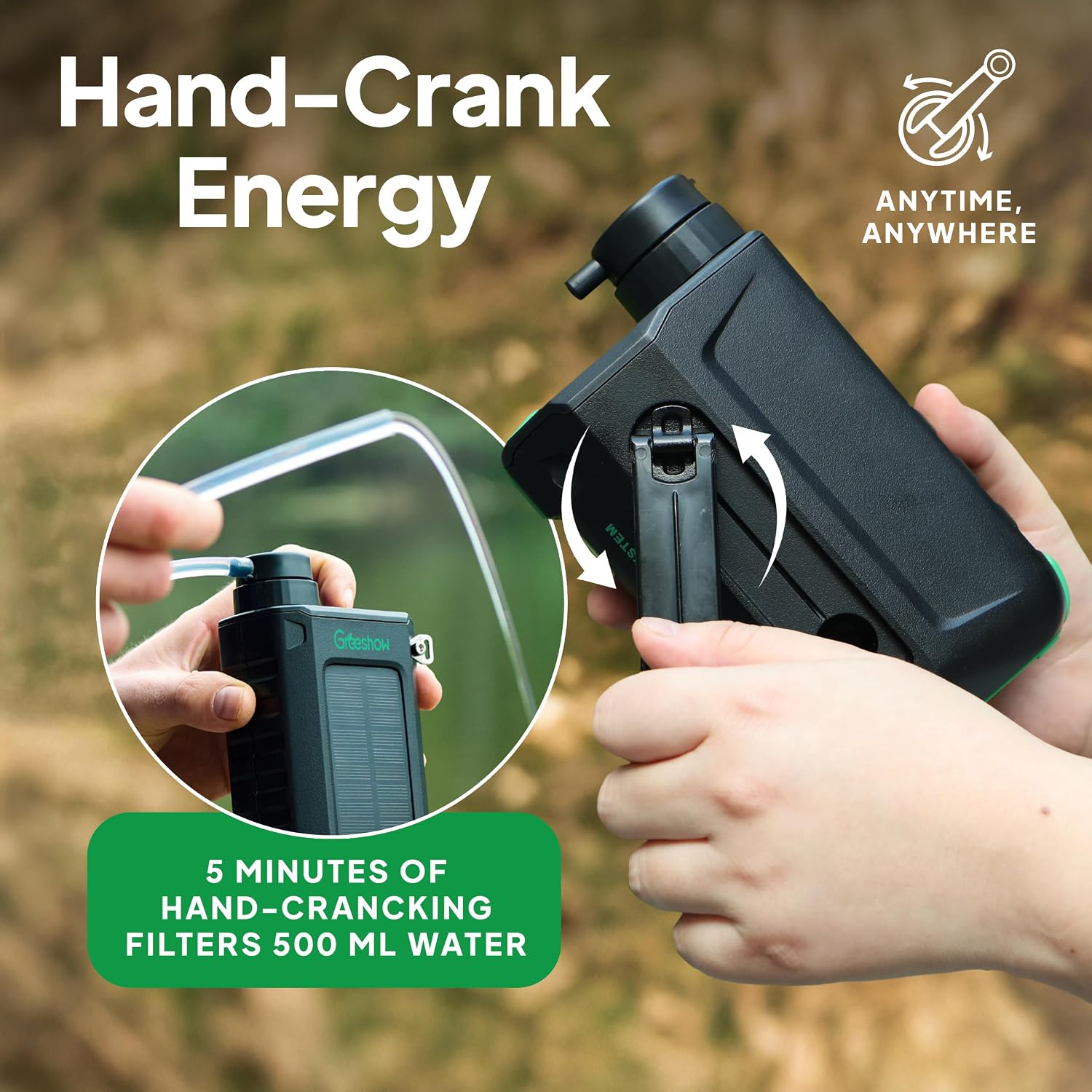 Portable Electric Water Filter for Camping & Survival - 0.01 Micron Water Purification System with Solar, Hand Crank