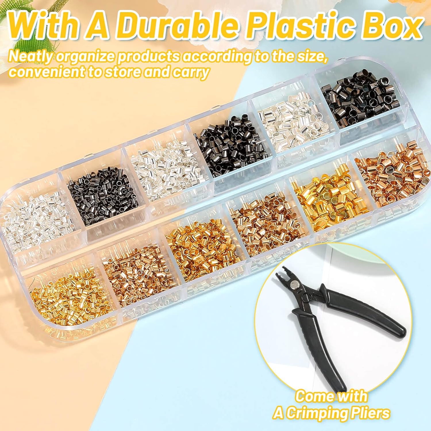 Crimping Beads for Jewelry Making, 2200 Pieces Crimp Tubes with Crimping Pliers for Earring Necklace Bracelet DIY