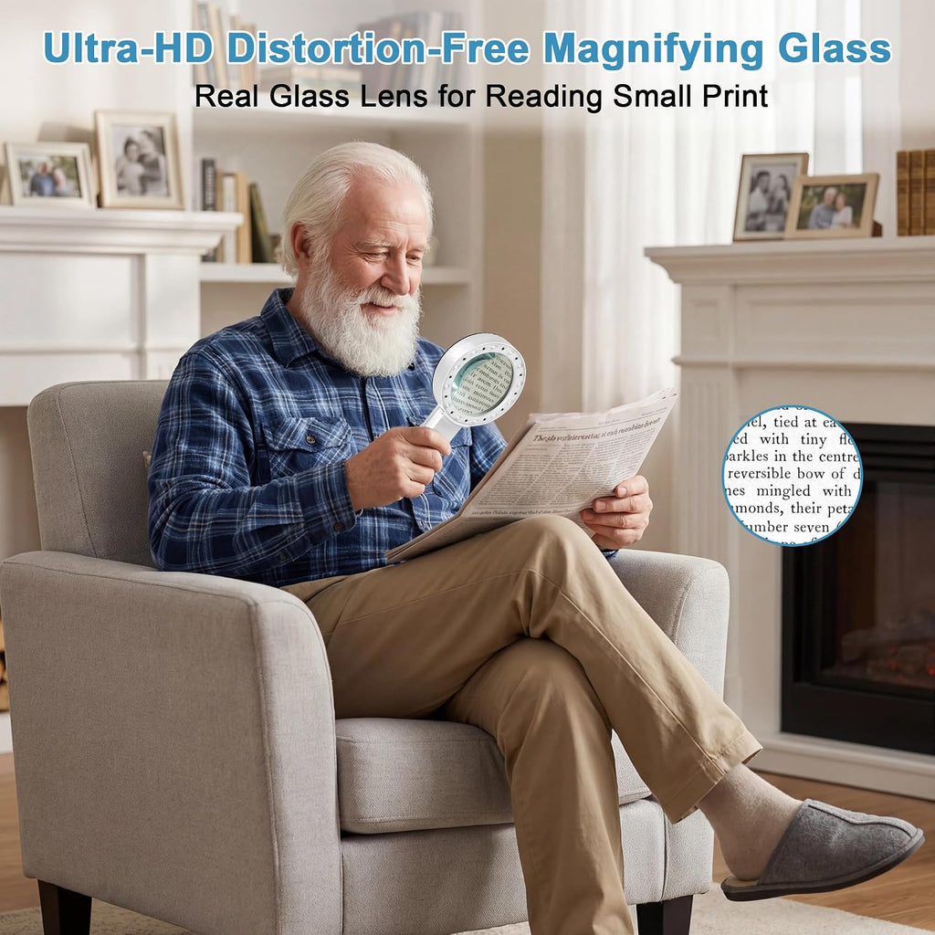 Magnifying Glass with 12 LED Lights for Senior Reading, 10X | Ultra-clear Handheld Reading Magnifier for Seniors
