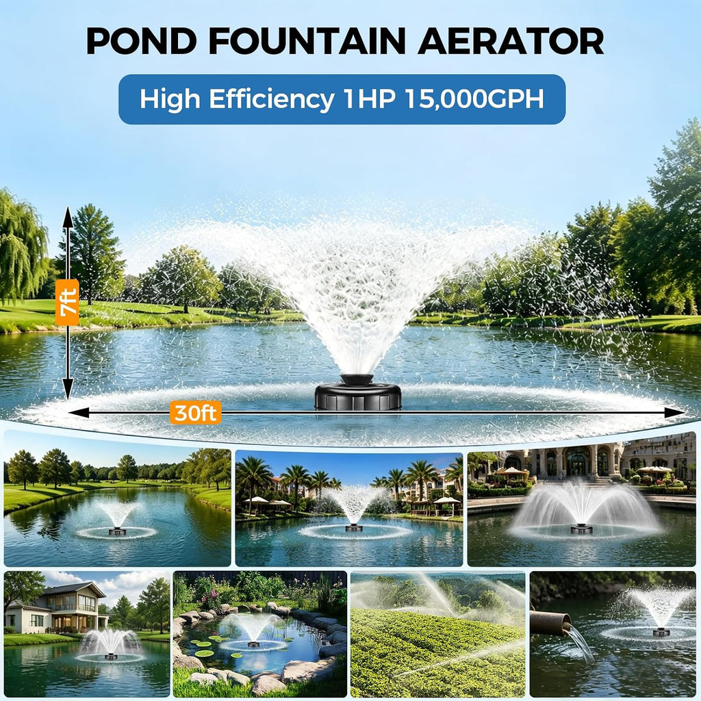Pond Fountain Aerator, 1HP 110V 15000 GPH Stainless Steel