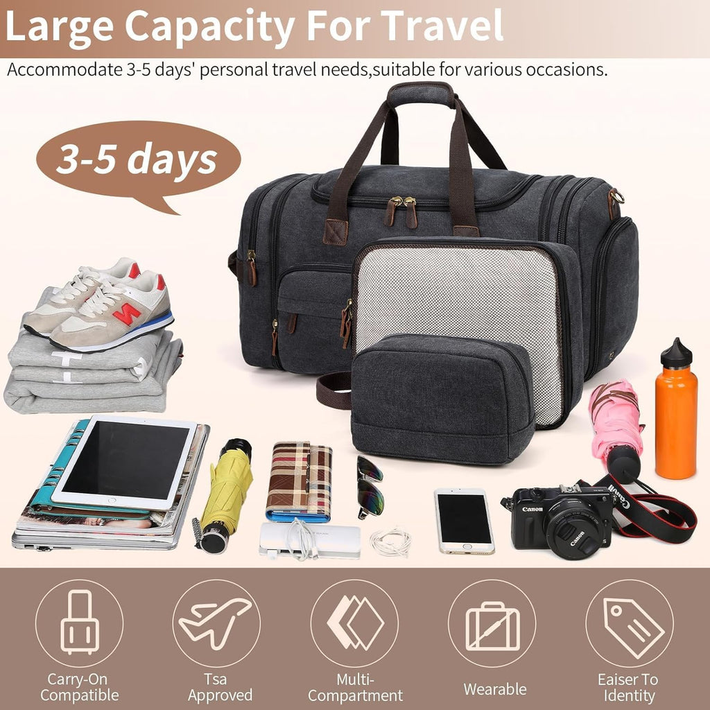 Mens Duffle Bag for Travel 60L Expandable Canvas Weekender Overnight Travel Duffel Bag with Shoe Compartment Carry-On