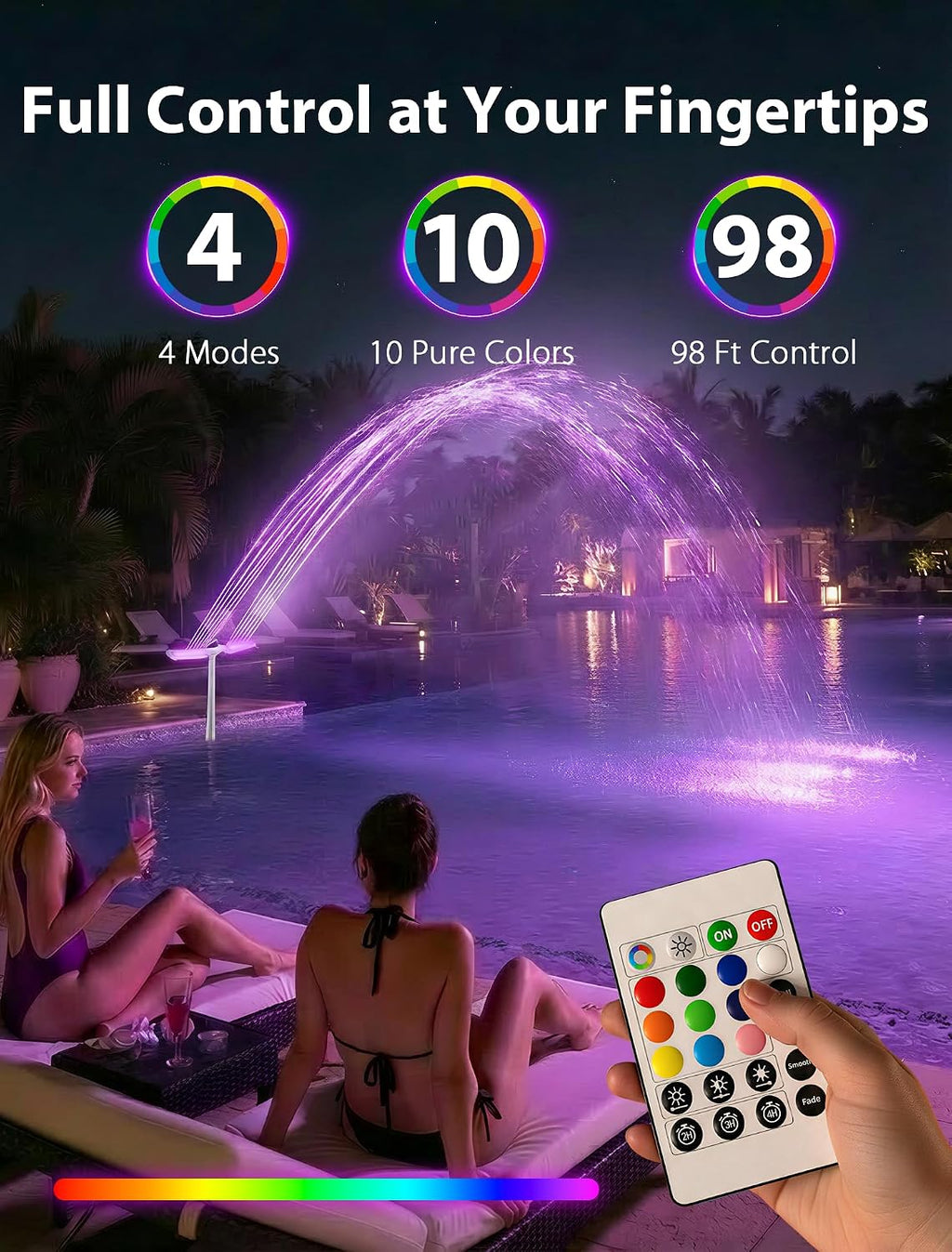 Solar Pool Fountain with Lights for Above Ground & Inground，White | Solar Powered Height Upgrade, 10-Color LED, 4
