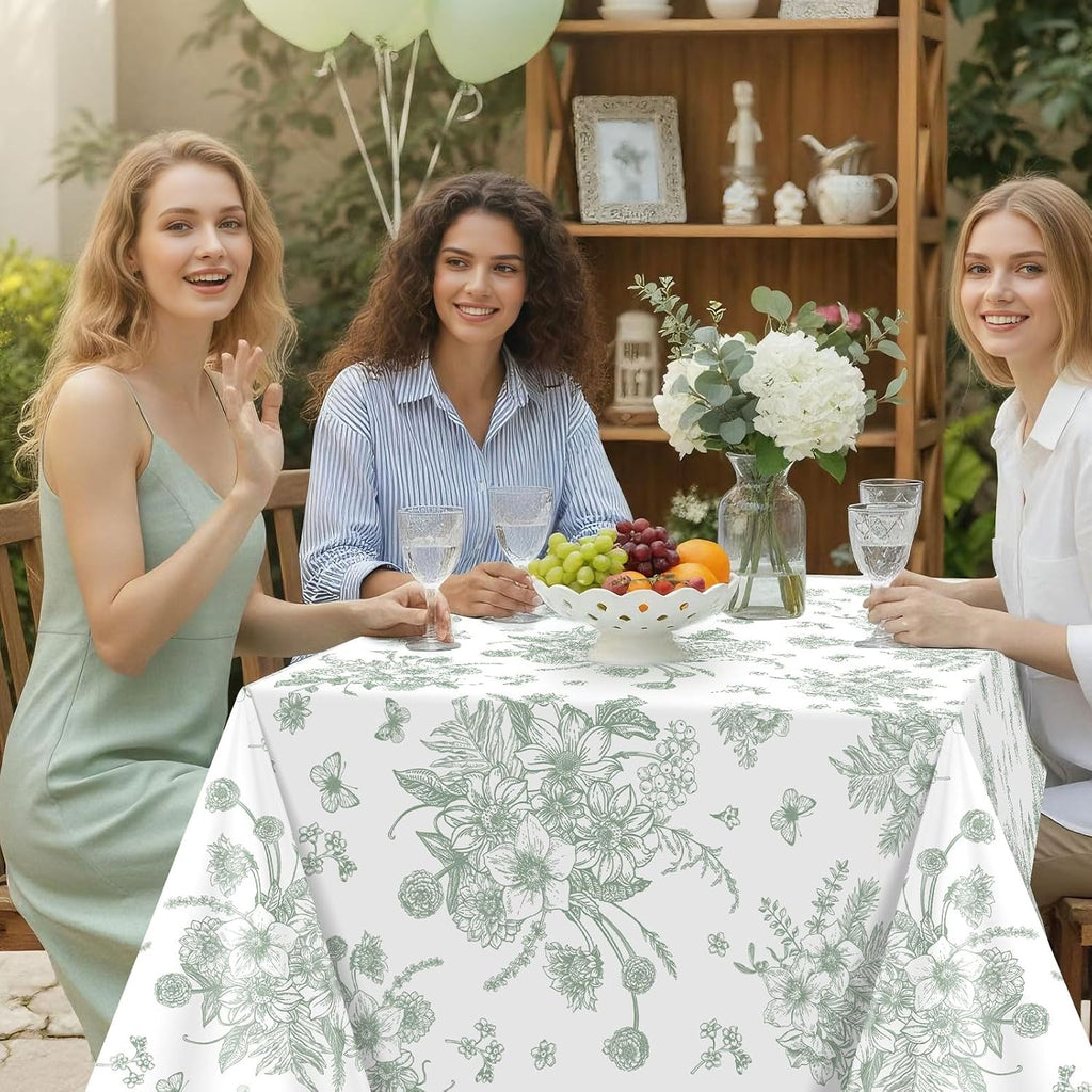 3 Pack Sage Green Floral Plastic Tablecloths, Tea Party Tablecloth