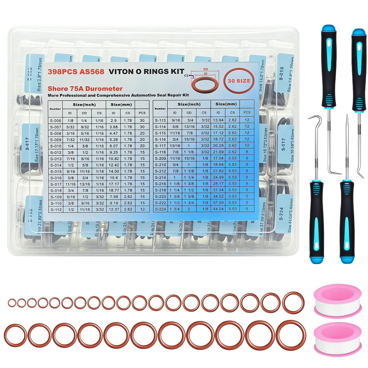 398PCS Viton O Rings,30 Sizes SAE AS568 O-Rings Kit