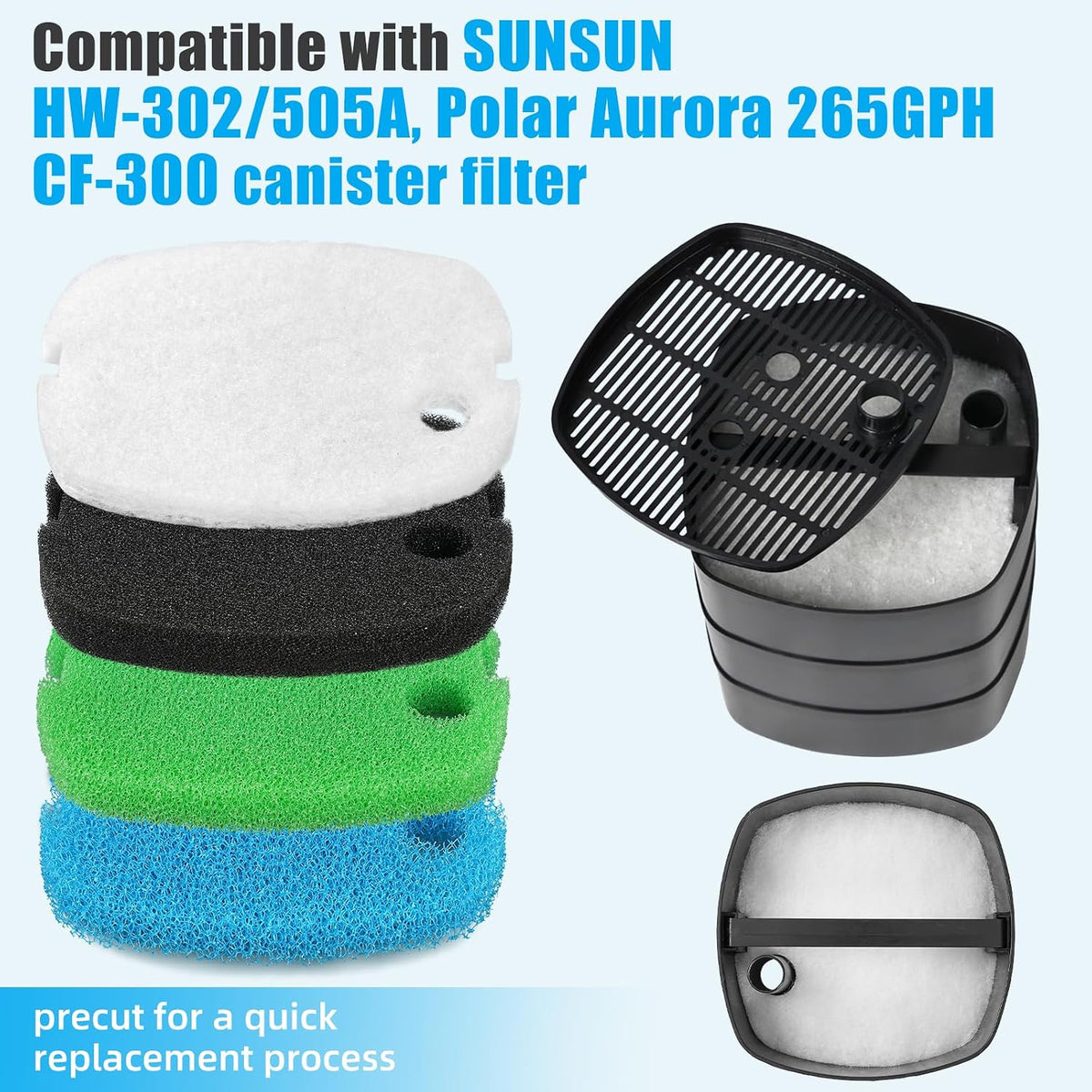 Replacement Canister Filter Pads Compatible with SUNSUN HW-302 Aquarium Filter Media Sponge Floss 16pcs