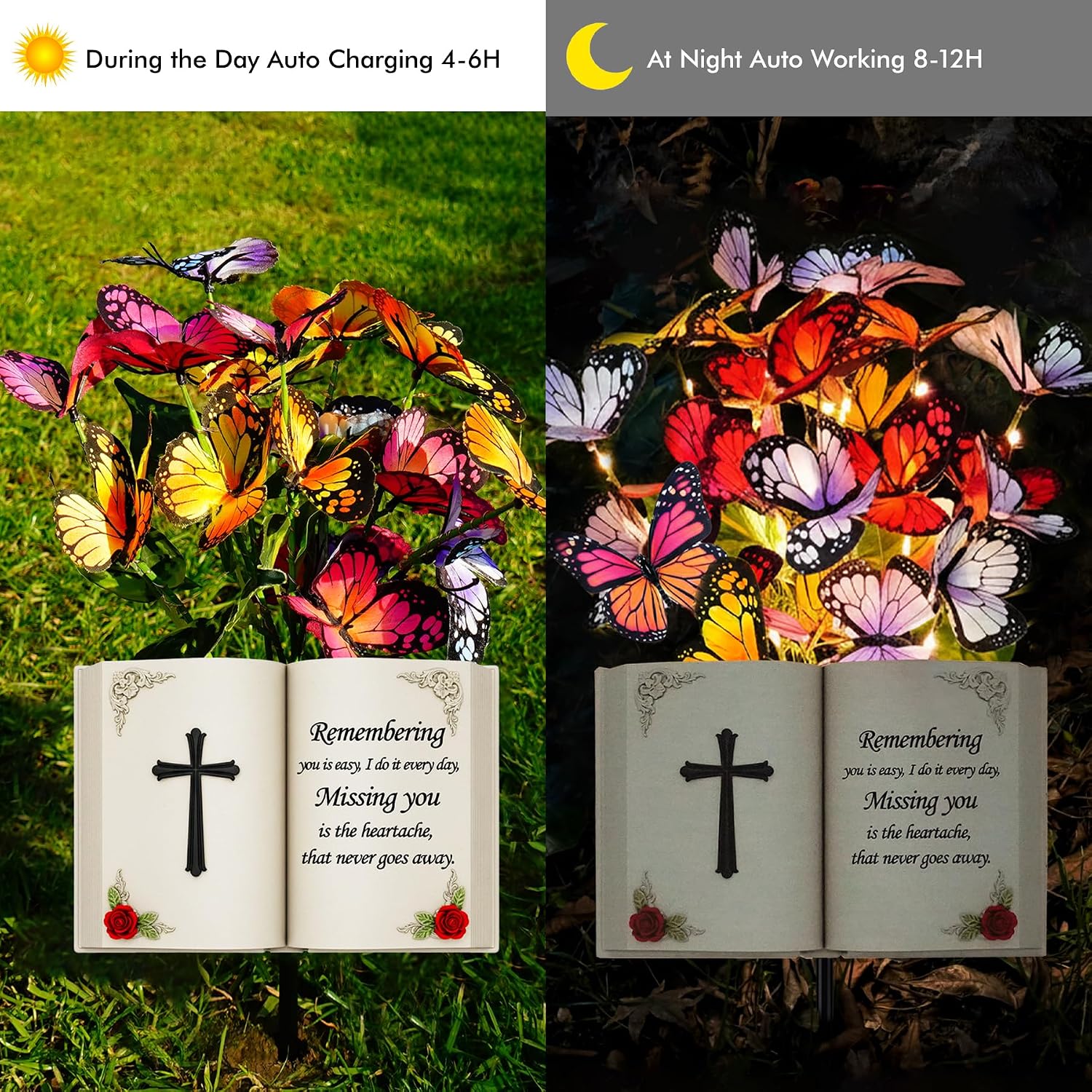 Solar Bible Cross Memorial Stake - Metal Silhouette Religious Grave Decoration for Cemetery - Flat Christian Cross