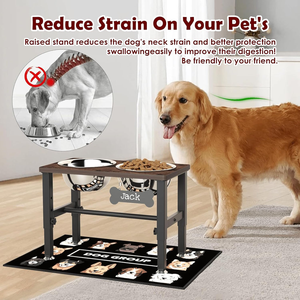 Elevated Dog Bowls with Slow Feeder & Mat for Medium and Large Dogs, 12" Tall Adjustable Wooden & Metal Raised Dog