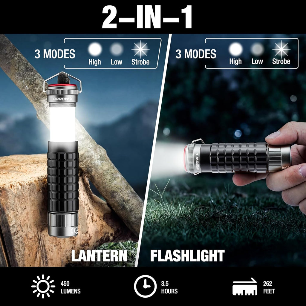 Arrow 2-in-1 Portable Camping Lantern and Flashlight with 3 Modes, USB-C Rechargeable LED Lantern with Battery