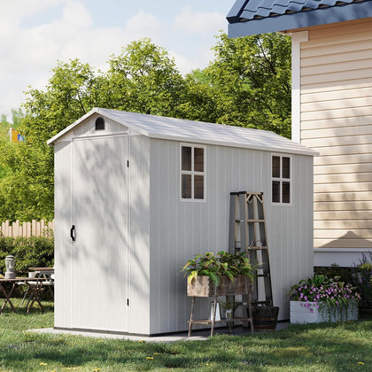 4x8 FT Plastic Outdoor Storage Shed with Floor, Light Gray | Garden Tool Resin Storage Shed, Two Windows, Single