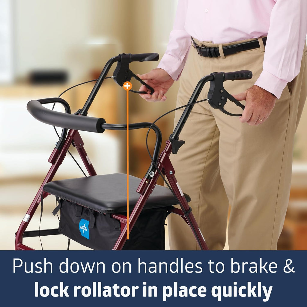 Large Steel Bariatric Rollator Walker with Adjustable Handles, Padded Seat & Backrest, Burgundy, 500 lb. Weight