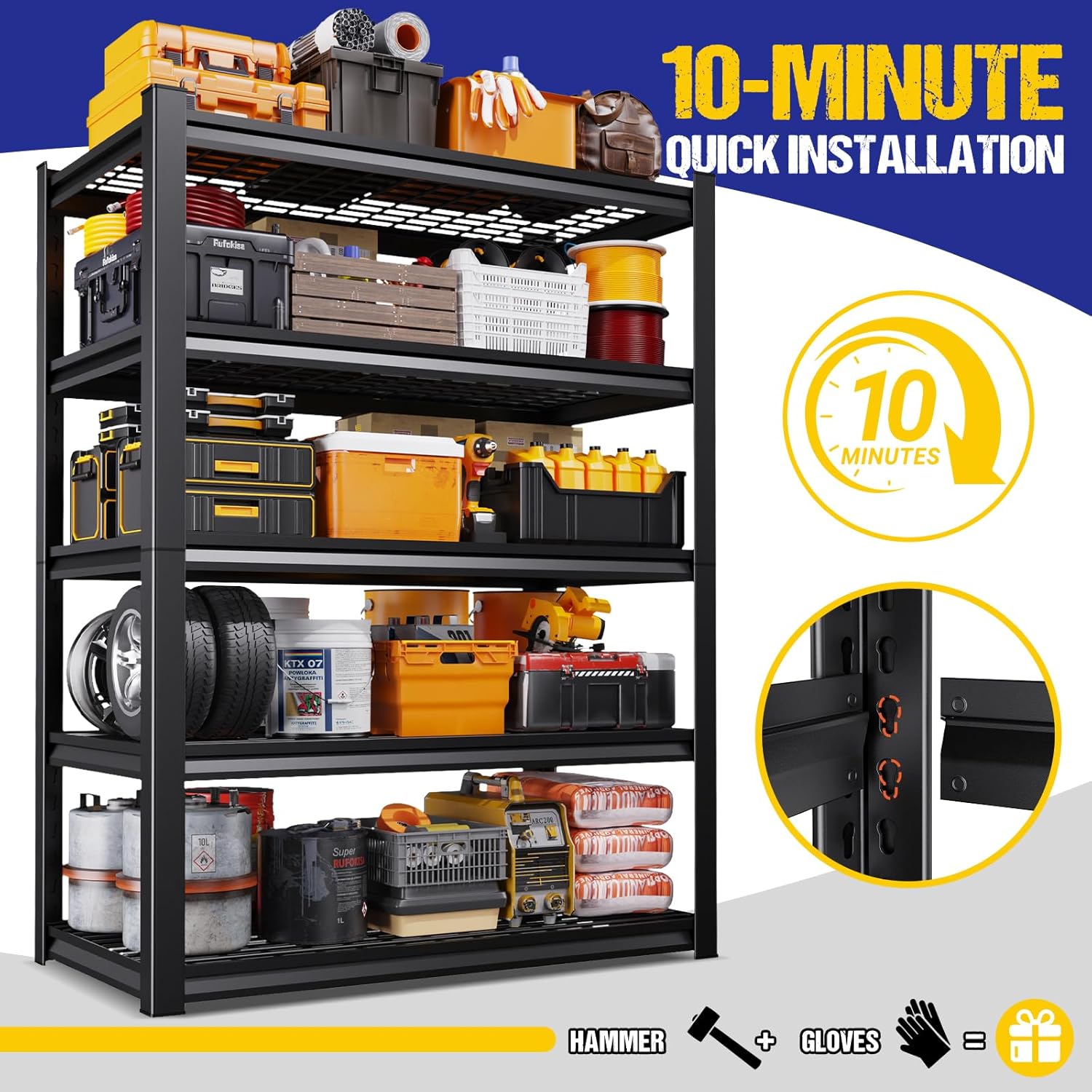 71" H Garage Shelving 5-Tier Heavy Duty Storage Shelves, Tool-Free Adjustable Metal Shelf Unit, Utility Organizer