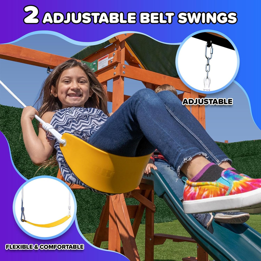 Scottsdale Cedar Wood Swing Set: 2 Adjustable Swings, Sandbox, Rock Climber, Covered Deck, 1 Slide - Exceeds ASTM