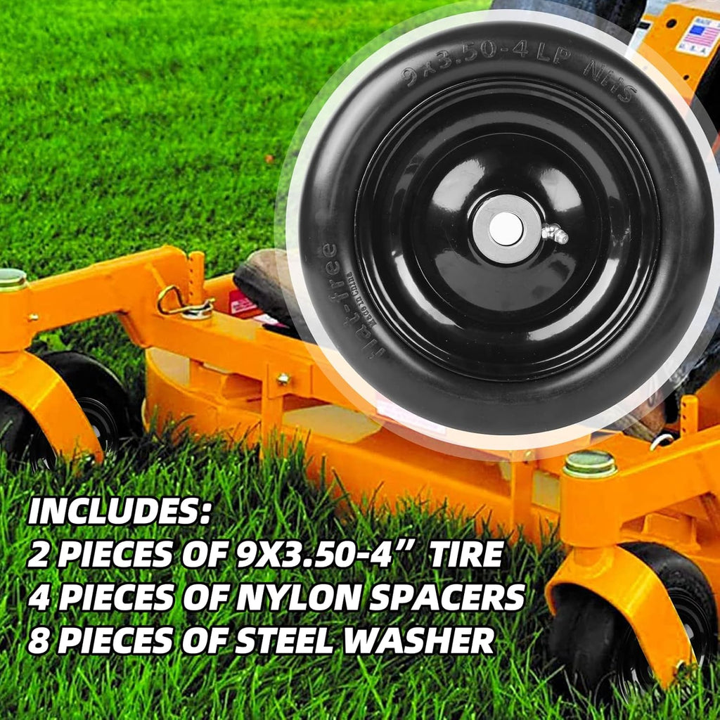 (2-Pack) 9x3.50-4” Flat Free Lawnmower Tire and Wheel Assemblies - PU Tire on Wheel and Adapter Kits with 3.5"