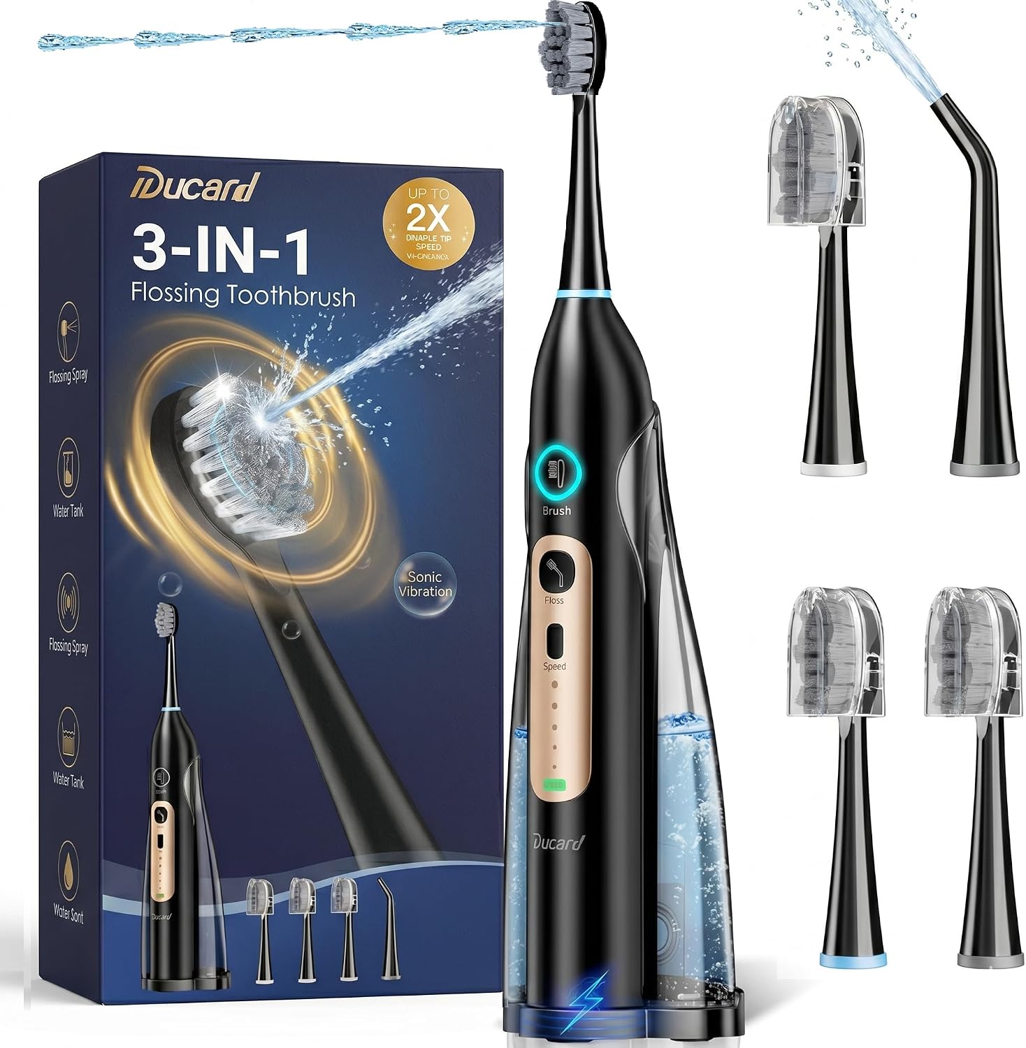 Electric Toothbrush with Water Flosser Combo, 3-in-1 Flossing Toothbrush, Cordless & Rechargeable for Travel, Braces