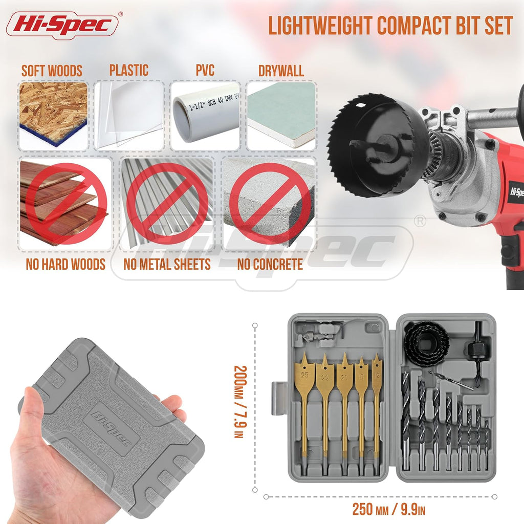 Wood Hole Saw, Brad Point and Spade Drill Bit Set with Case | 21pc, faster bit changes, labeled storage, cleaner