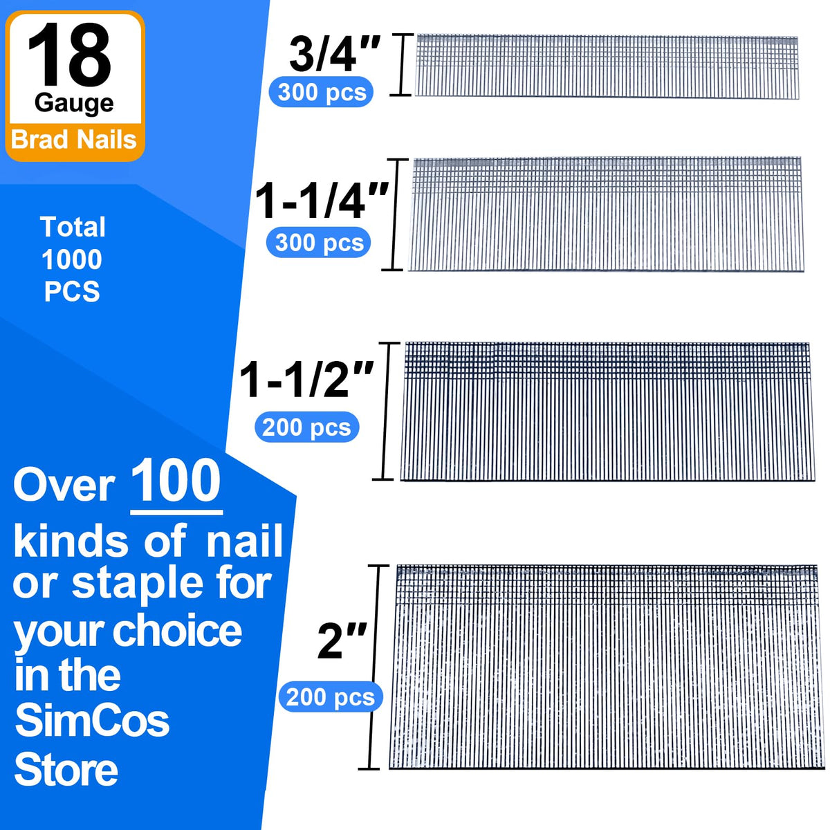 18 Gauge Brad Nails 4 Sizes (2",1-1/2",1-1/4",3/4"),1000-Pack