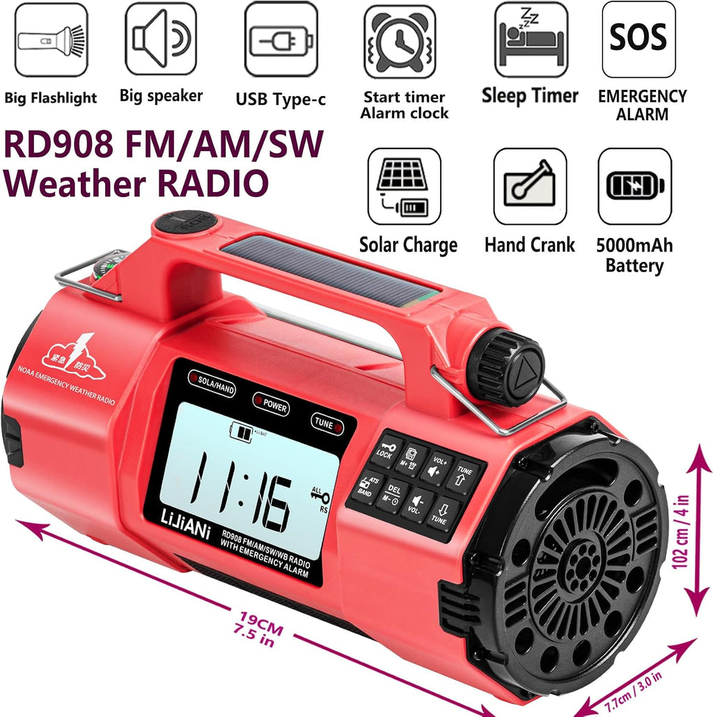 NOAA Weather Radio Emergency Radio with Hand Crank & Solar Charging | AM FM SW Weather Alert 5000mAh Battery, Phone