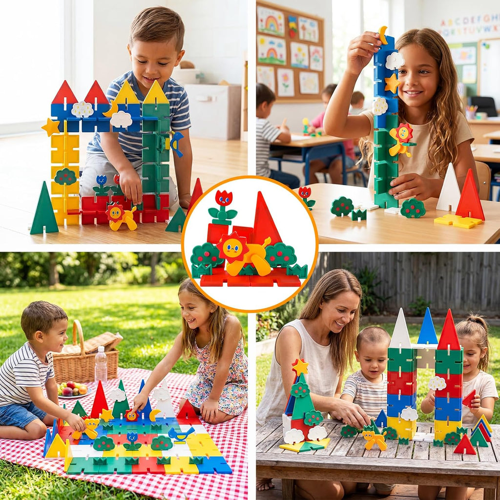 Magnetic Tiles 58PCS,Groove Interlocking Design Magnet Building Blocks with Lion, Sun,Cloud & Grass,STEM Toys for