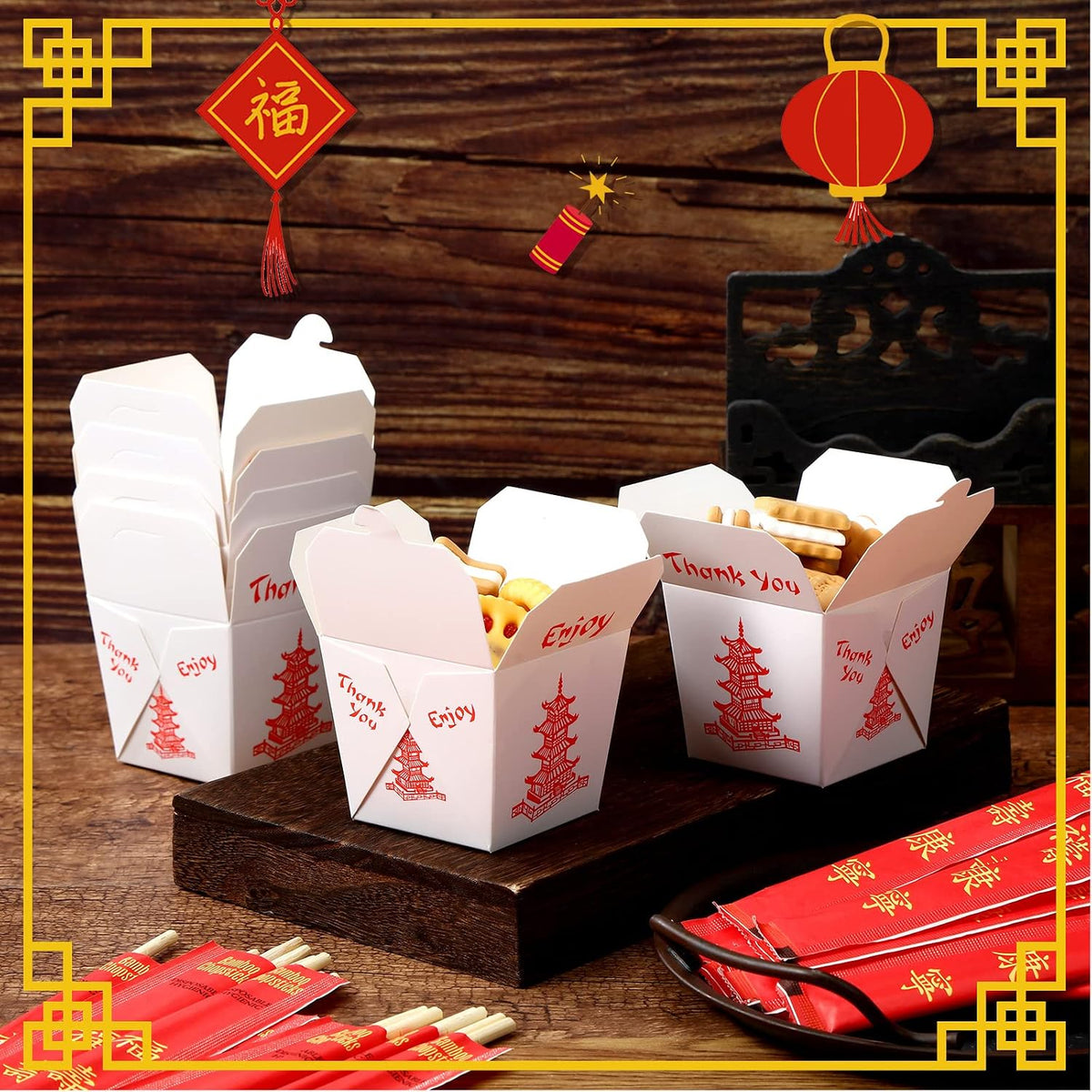 50 Sets 8 oz Chinese Take Out Boxes with Disposable Chopsticks