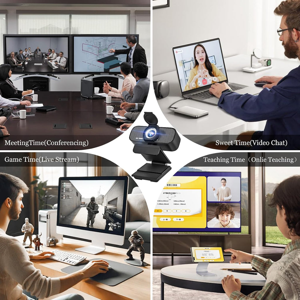 Full HD 1080P Webcam, Black, with Privacy Cover, Noise Cancellation, Auto Focus