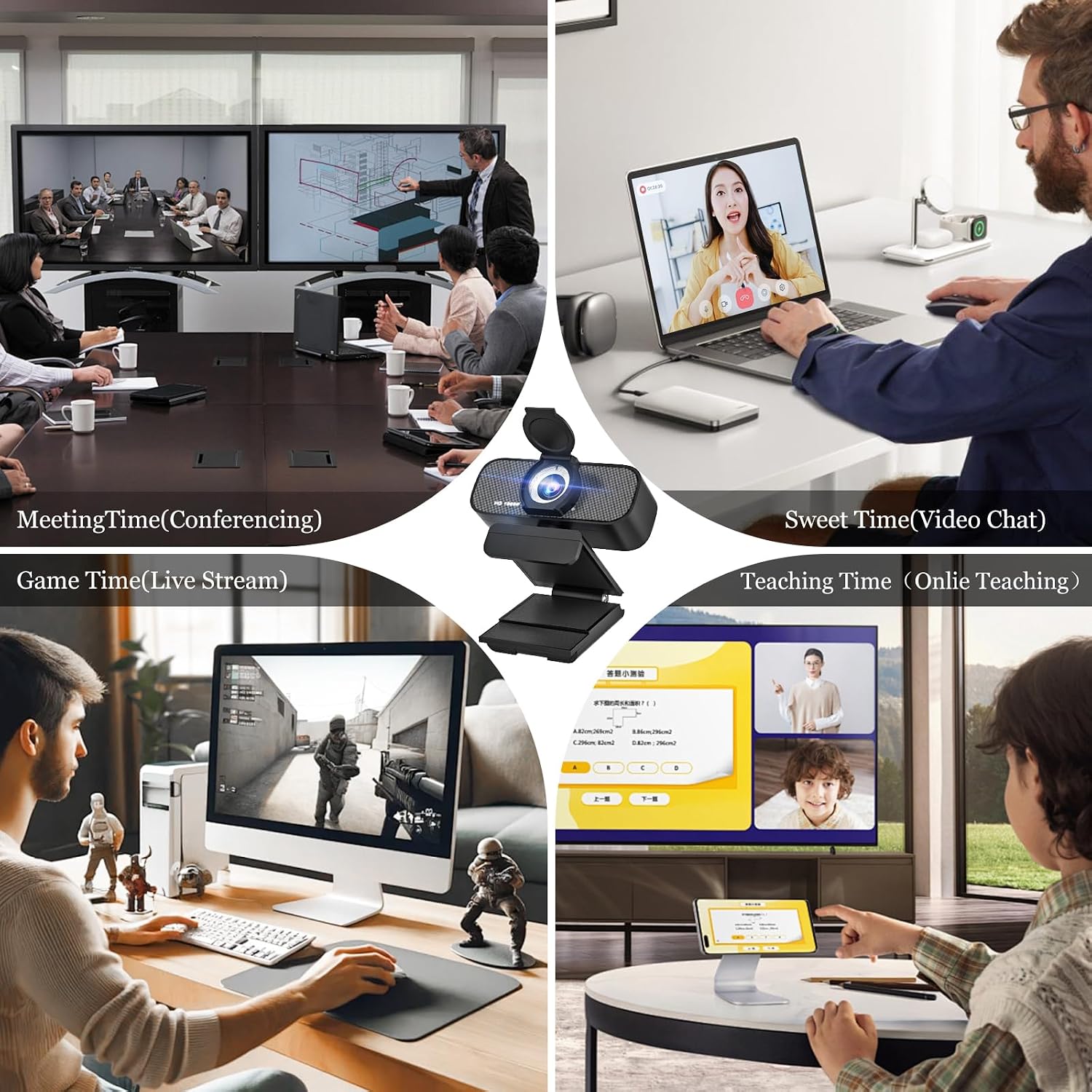 Full HD 1080P Webcam, Black, with Privacy Cover, Noise Cancellation, Auto Focus